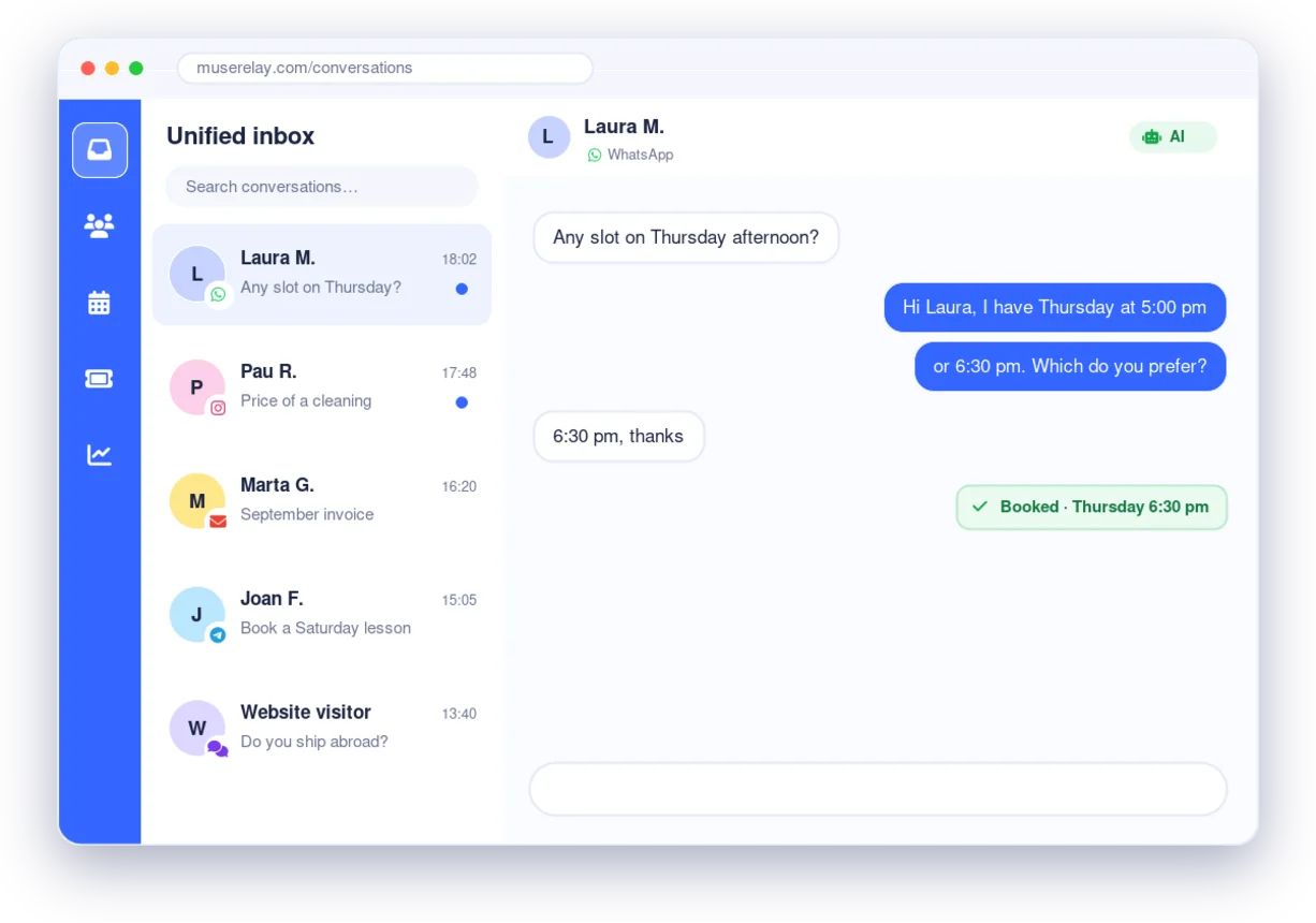 MuseRelay unified inbox with WhatsApp, Instagram, email, Telegram and website chatbot conversations